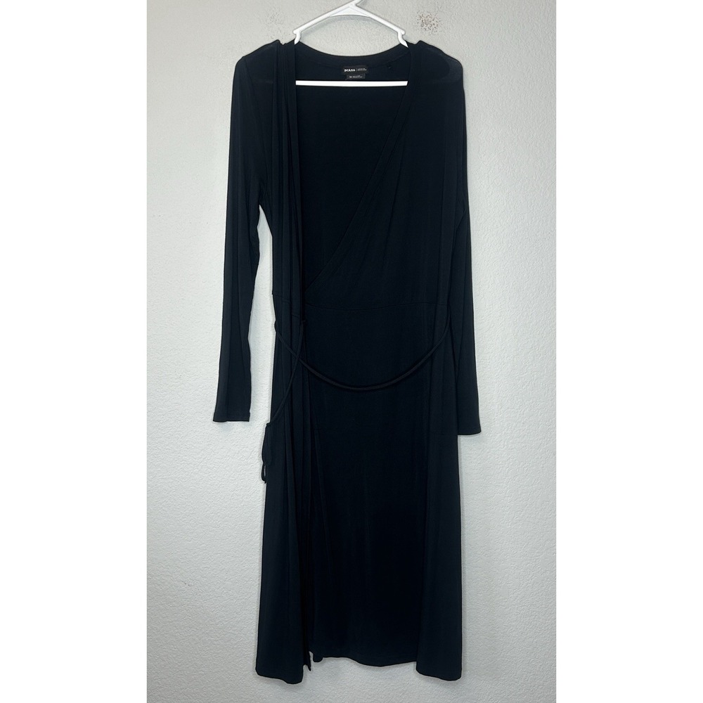 prAna Wrap Midi Dress Women's Size M Black Long Sleeve Modal Elastane Stretch
